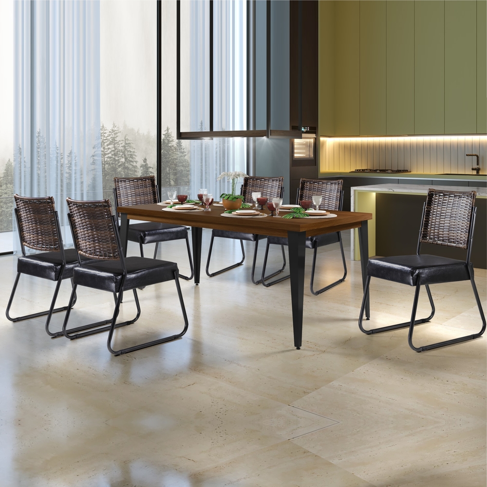 Conjunto Sala de Jantar Mesa Espanha 180cm com 6 Cadeiras em Aço e Junco Madri Mais Decor Courissimo Preto/Mocaccino/Preto/Junco Carvalho