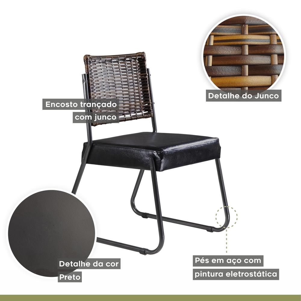 Conjunto Sala de Jantar Mesa Espanha 180cm com 6 Cadeiras em Aço e Junco Madri Mais Decor Courissimo Preto/Mocaccino/Preto/Junco Carvalho