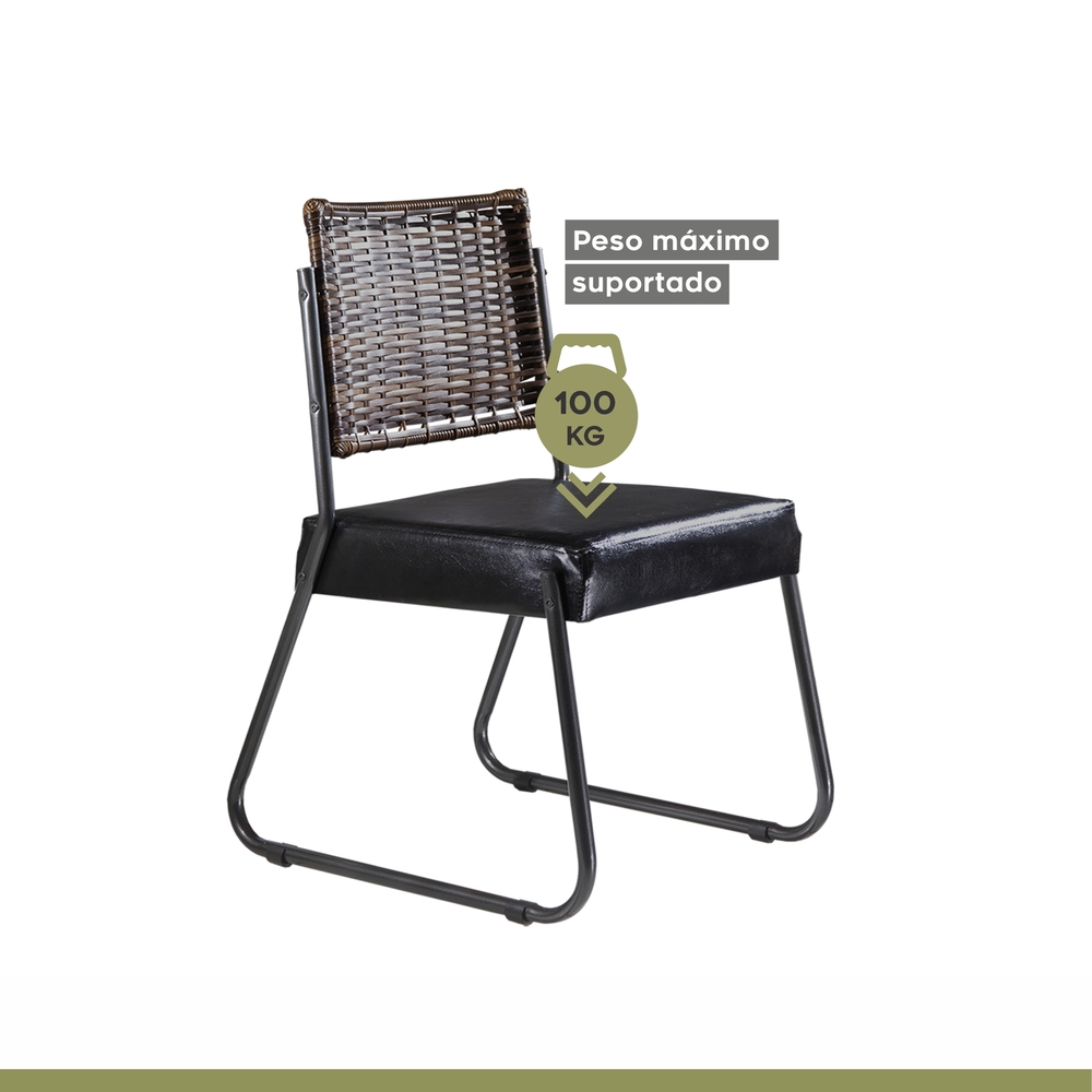 Conjunto Sala de Jantar Mesa Espanha 180cm com 6 Cadeiras em Aço e Junco Madri Mais Decor Courissimo Preto/Mocaccino/Preto/Junco Carvalho