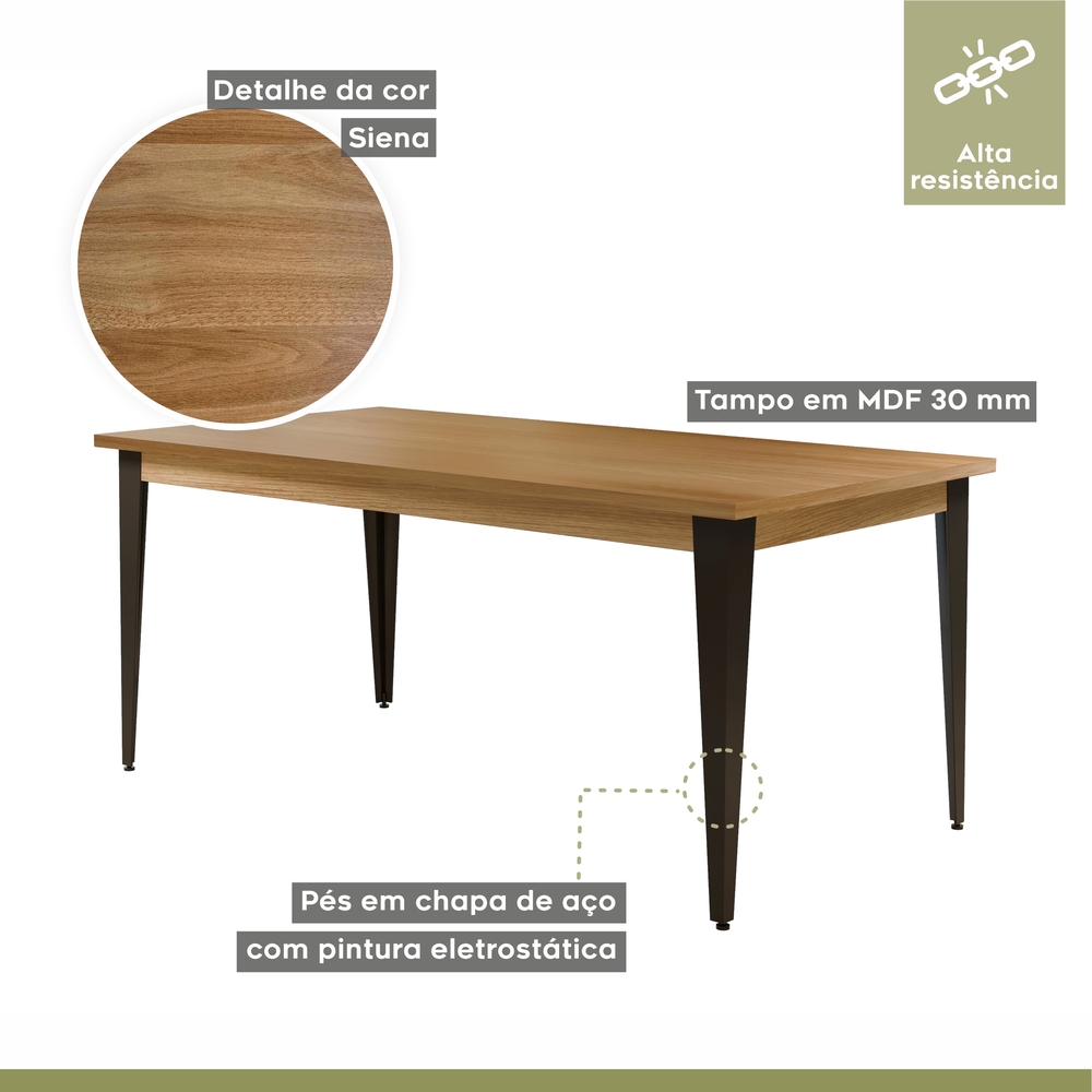 Conjunto Sala de Jantar Mesa Espanha 180cm com 6 Cadeiras em Aço e Junco Madri Mais Decor Courissimo Preto/Siena/Preto/Junco Carvalho