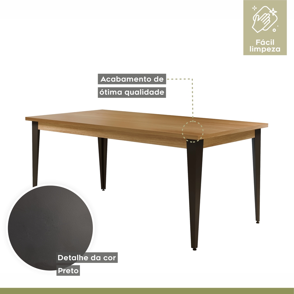 Conjunto Sala de Jantar Mesa Espanha 180cm com 6 Cadeiras em Aço e Junco Madri Mais Decor Courissimo Preto/Siena/Preto/Junco Carvalho