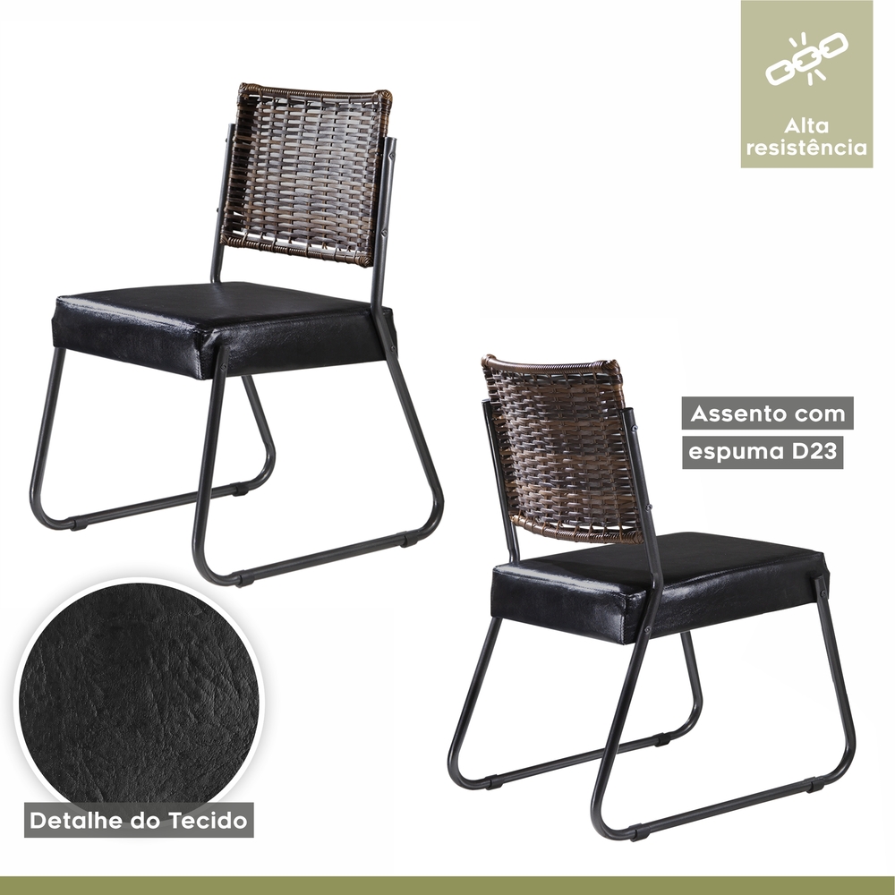 Conjunto Sala de Jantar Mesa Espanha 180cm com 6 Cadeiras em Aço e Junco Madri Mais Decor Courissimo Preto/Siena/Preto/Junco Carvalho