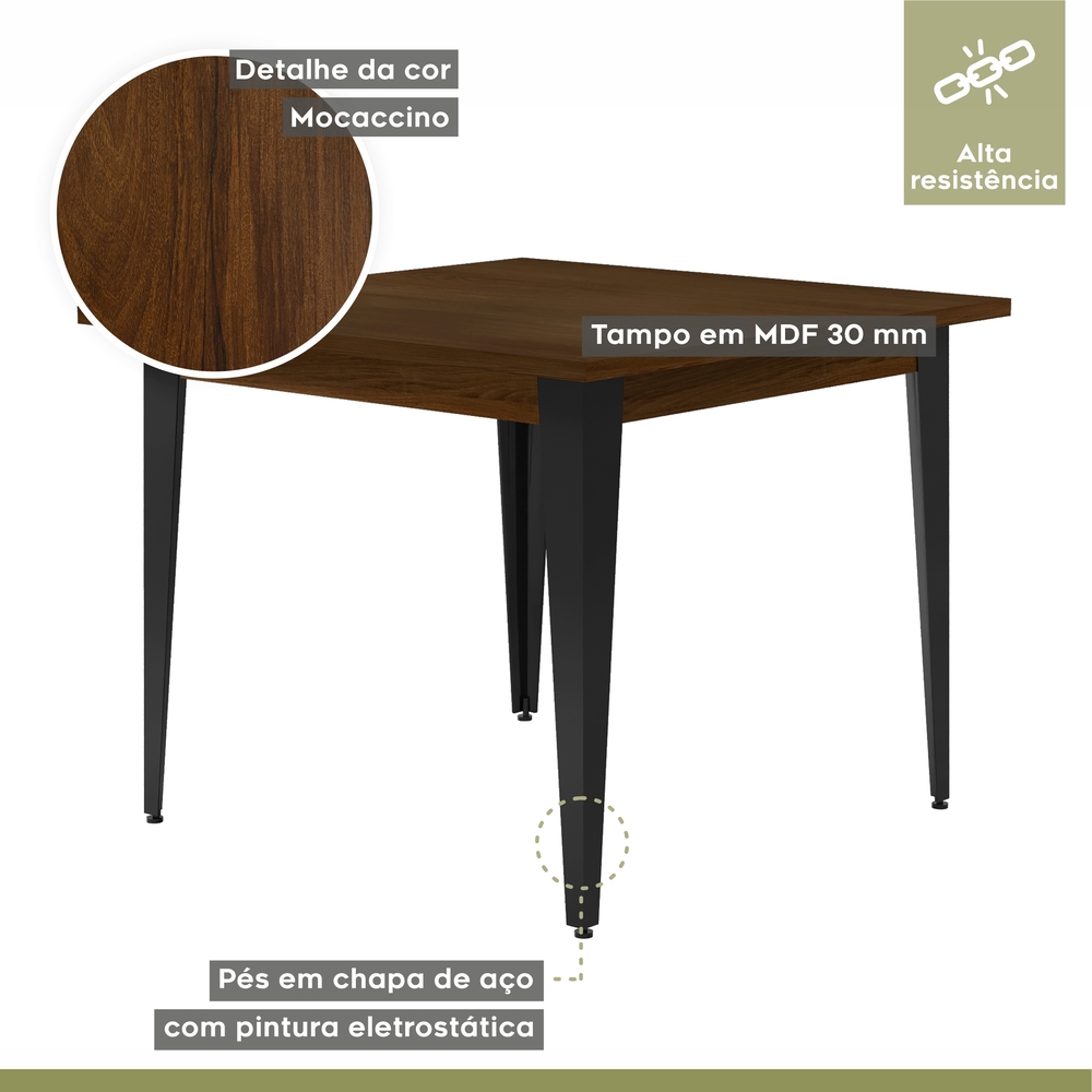 Conjunto Sala de Jantar Mesa Espanha 90cm com 4 Cadeiras em Aço e Junco Madri Mais Decor Linho Cinza/Mocaccino/Grafite/Junco Carvalho