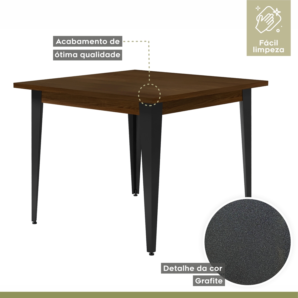 Conjunto Sala de Jantar Mesa Espanha 90cm com 4 Cadeiras em Aço e Junco Madri Mais Decor Linho Cinza/Mocaccino/Grafite/Junco Carvalho