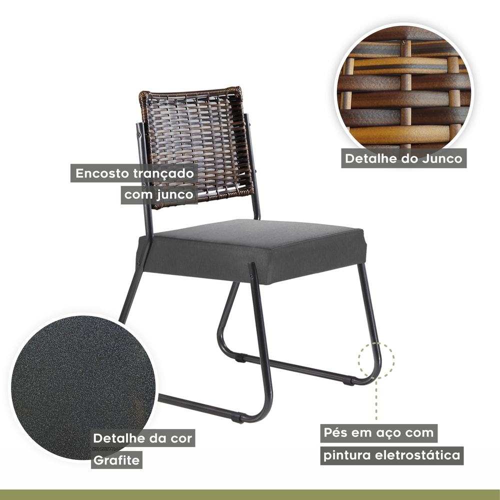 Conjunto Sala de Jantar Mesa Espanha 90cm com 4 Cadeiras em Aço e Junco Madri Mais Decor Linho Cinza/Mocaccino/Grafite/Junco Carvalho