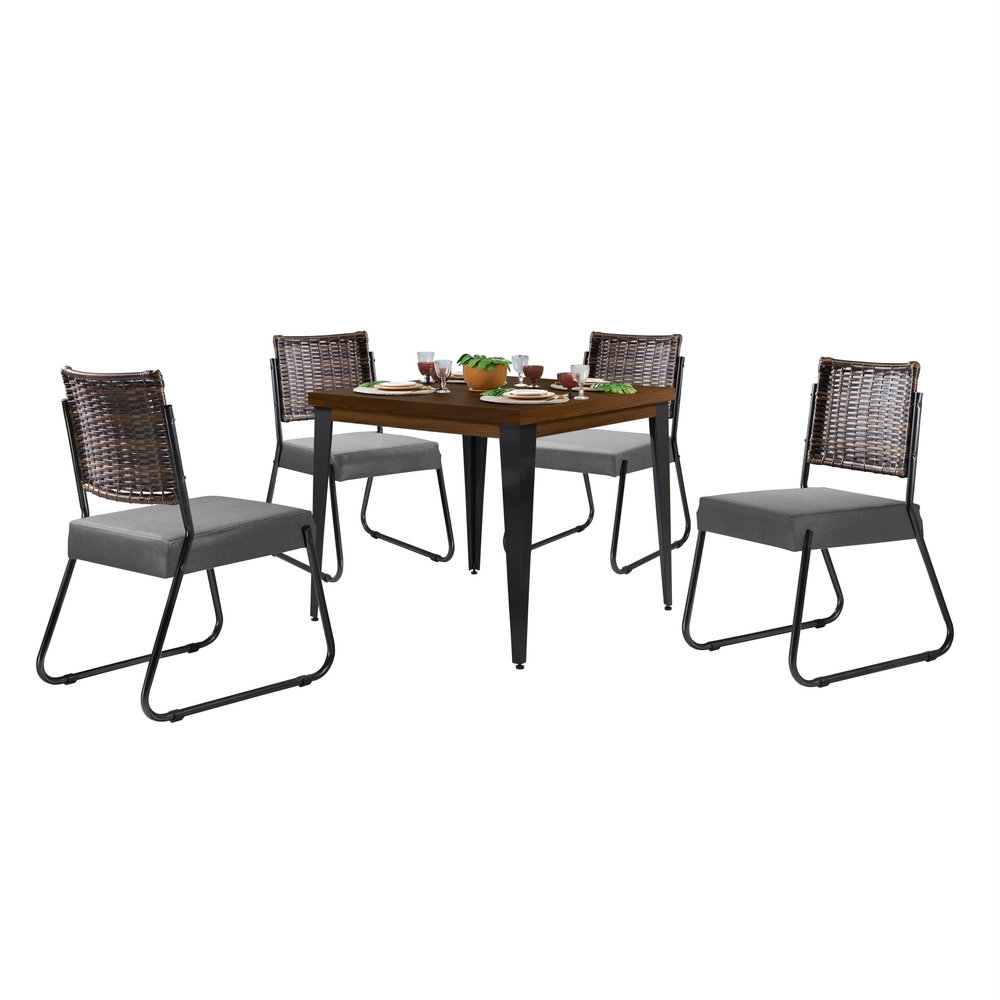Conjunto Sala de Jantar Mesa Espanha 90cm com 4 Cadeiras em Aço e Junco Madri Mais Decor Linho Cinza/Mocaccino/Preto/Junco Carvalho