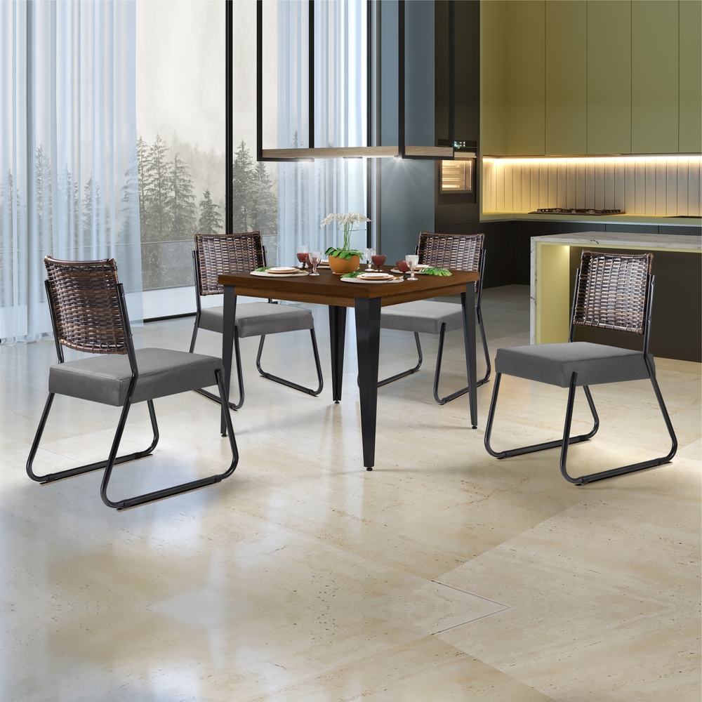 Conjunto Sala de Jantar Mesa Espanha 90cm com 4 Cadeiras em Aço e Junco Madri Mais Decor Linho Cinza/Mocaccino/Preto/Junco Carvalho
