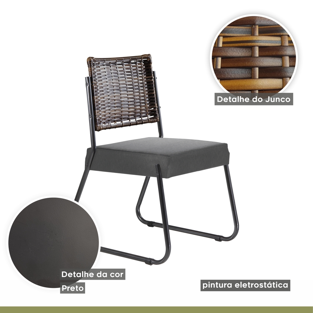 Conjunto Sala de Jantar Mesa Espanha 90cm com 4 Cadeiras em Aço e Junco Madri Mais Decor Linho Cinza/Mocaccino/Preto/Junco Carvalho