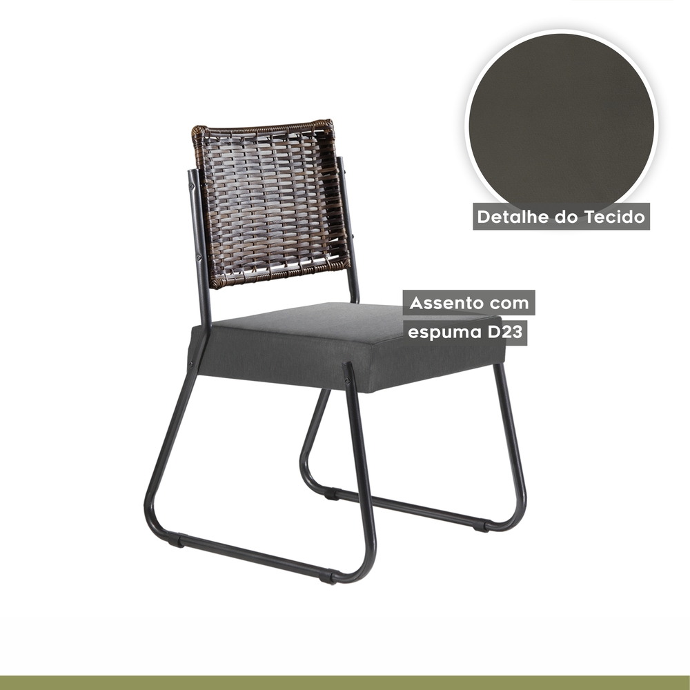 Conjunto Sala de Jantar Mesa Espanha 90cm com 4 Cadeiras em Aço e Junco Madri Mais Decor Linho Cinza/Mocaccino/Preto/Junco Carvalho