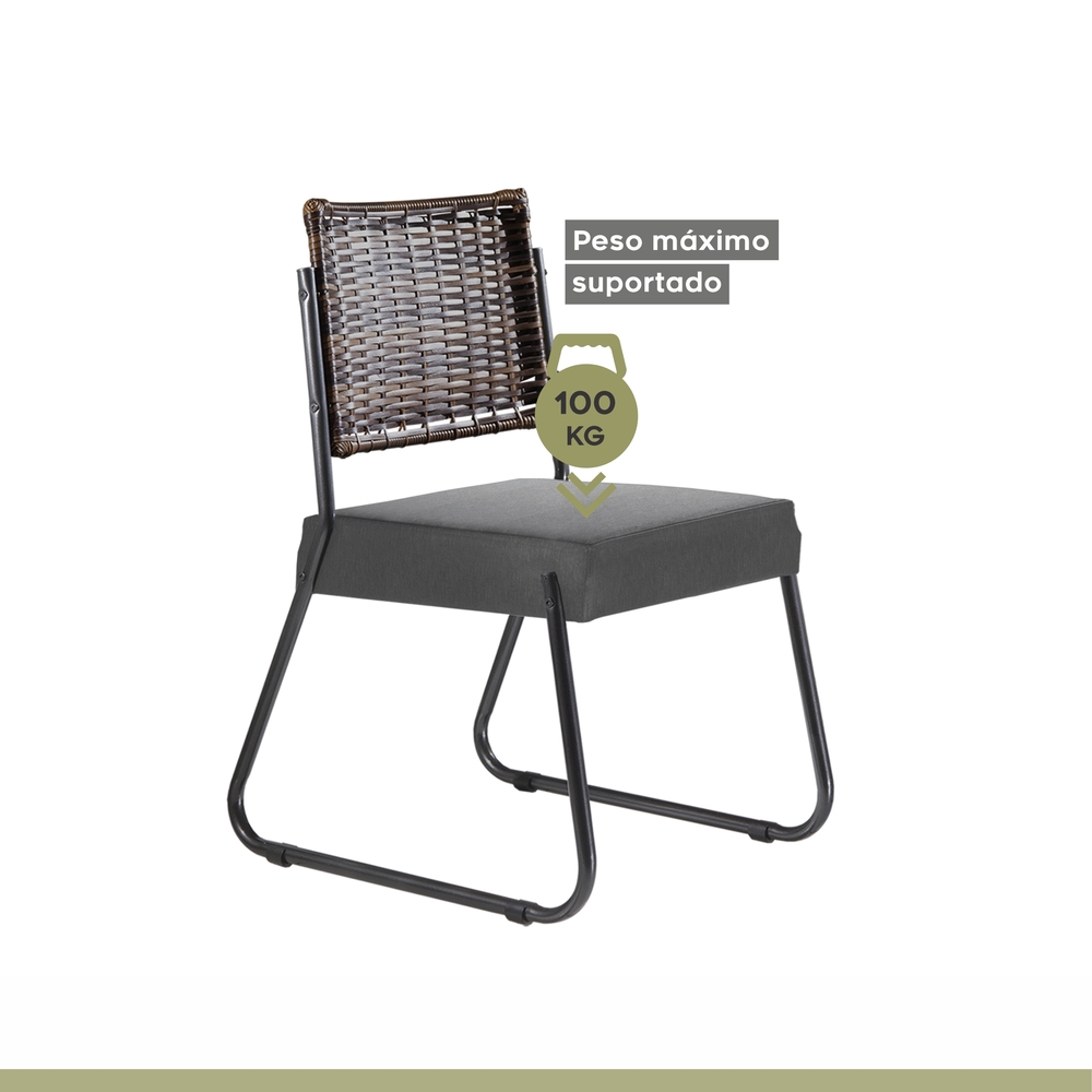 Conjunto Sala de Jantar Mesa Espanha 90cm com 4 Cadeiras em Aço e Junco Madri Mais Decor Linho Cinza/Mocaccino/Preto/Junco Carvalho