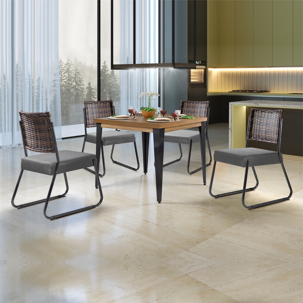 Conjunto Sala de Jantar Mesa Espanha 90cm com 4 Cadeiras em Aço e Junco Madri Mais Decor Linho Cinza/Siena/Grafite/Junco Carvalho