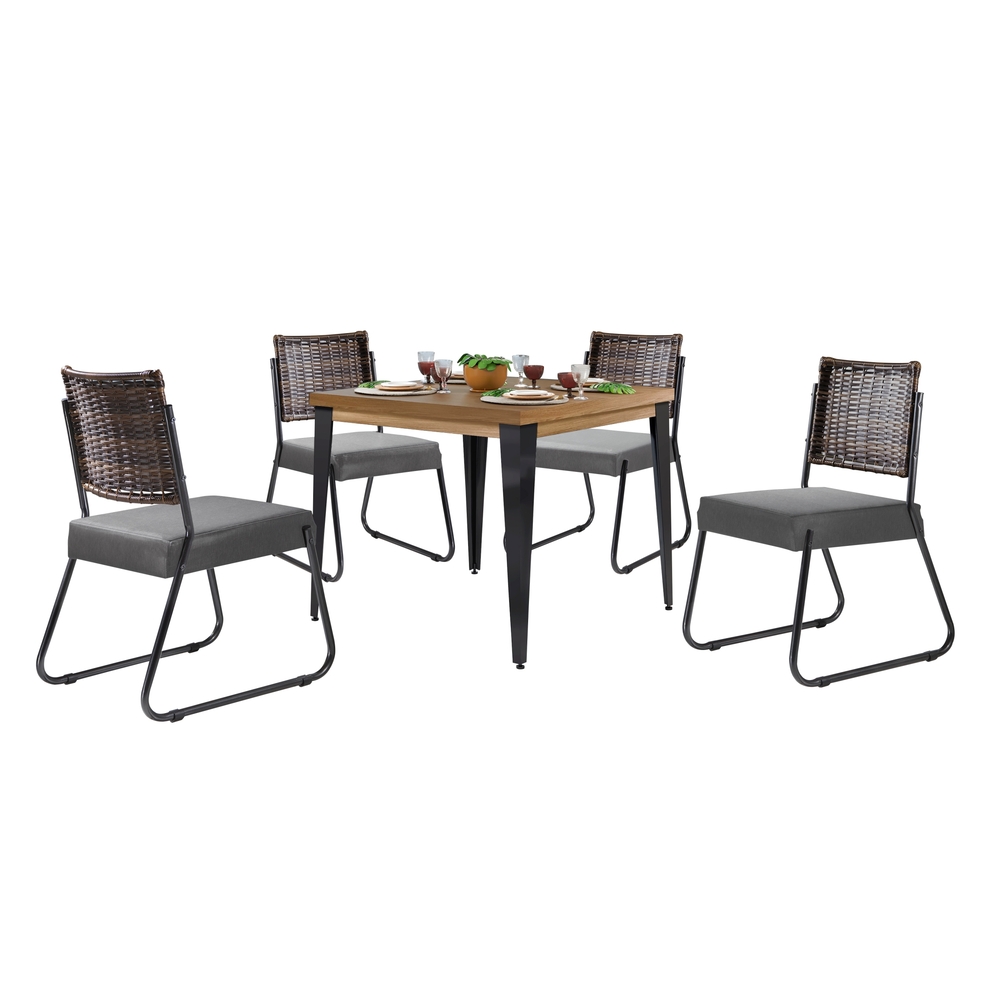 Conjunto Sala de Jantar Mesa Espanha 90cm com 4 Cadeiras em Aço e Junco Madri Mais Decor Linho Cinza/Siena/Grafite/Junco Carvalho