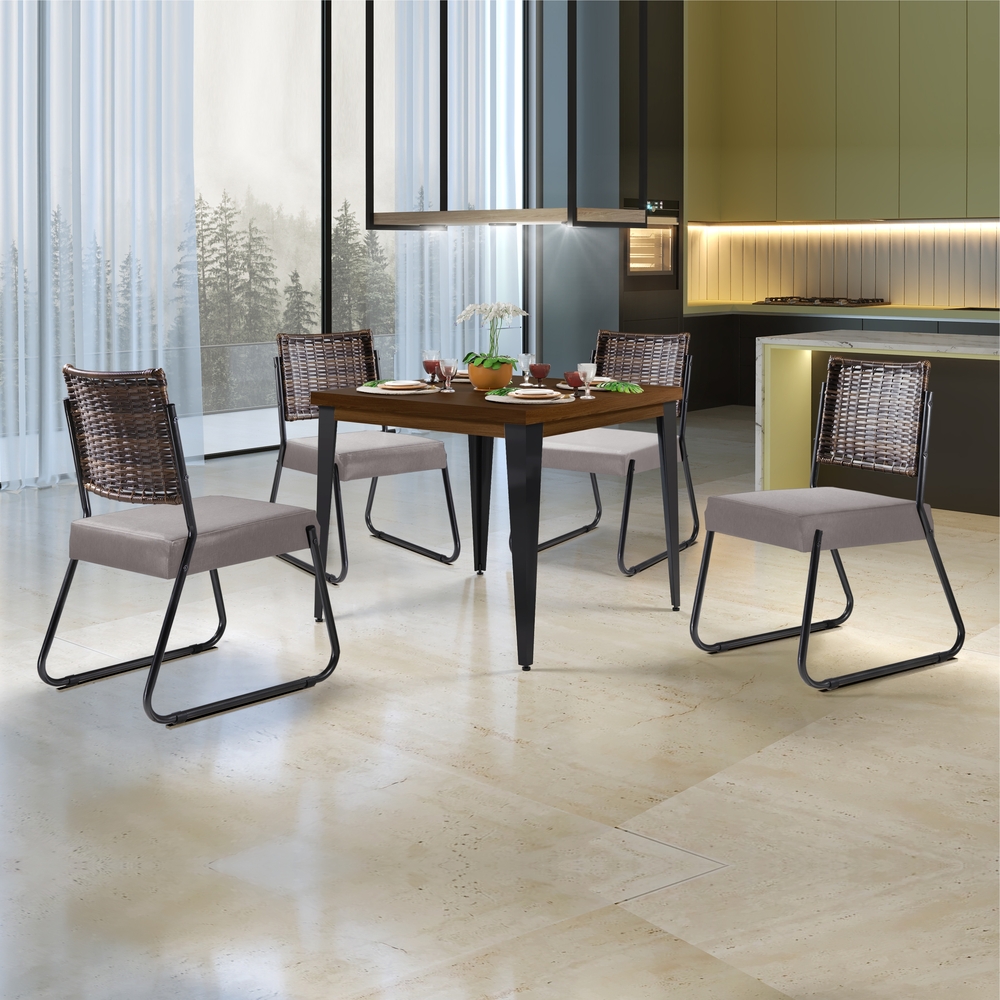 Conjunto Sala de Jantar Mesa Espanha 90cm com 4 Cadeiras em Aço e Junco Madri Mais Decor Linho Claro/Mocaccino/Preto/Junco Carvalho