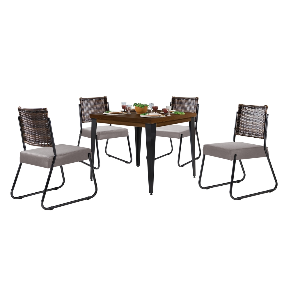 Conjunto Sala de Jantar Mesa Espanha 90cm com 4 Cadeiras em Aço e Junco Madri Mais Decor Linho Claro/Mocaccino/Preto/Junco Carvalho