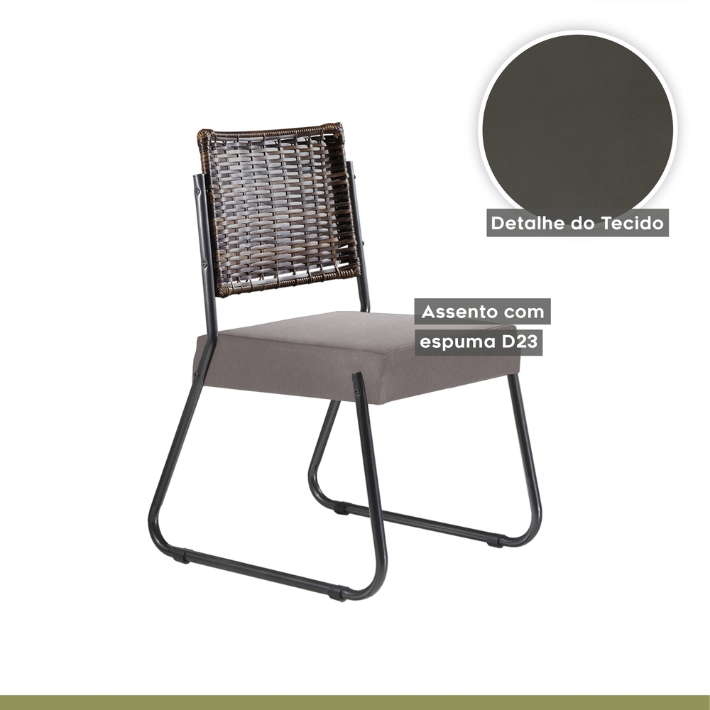 Conjunto Sala de Jantar Mesa Espanha 90cm com 4 Cadeiras em Aço e Junco Madri Mais Decor Linho Claro/Mocaccino/Preto/Junco Carvalho