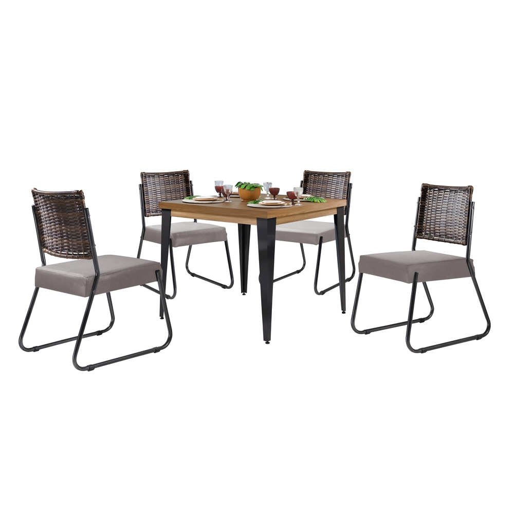 Conjunto Sala de Jantar Mesa Espanha 90cm com 4 Cadeiras em Aço e Junco Madri Mais Decor Linho Claro/Siena/Grafite/Junco Carvalho