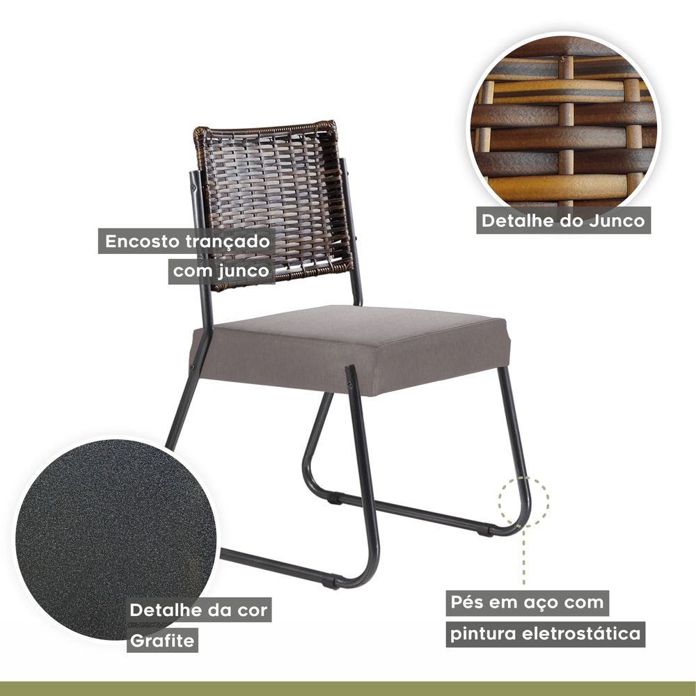 Conjunto Sala de Jantar Mesa Espanha 90cm com 4 Cadeiras em Aço e Junco Madri Mais Decor Linho Claro/Siena/Grafite/Junco Carvalho