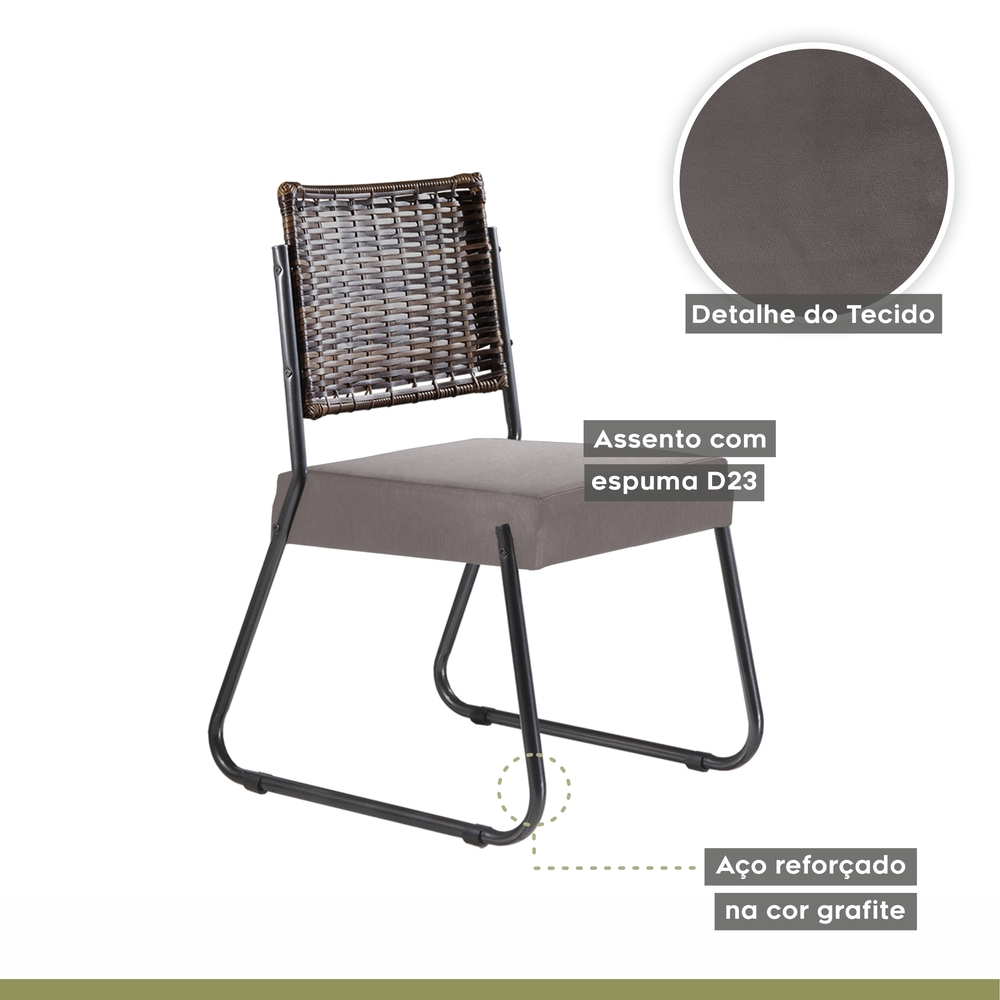 Conjunto Sala de Jantar Mesa Espanha 90cm com 4 Cadeiras em Aço e Junco Madri Mais Decor Linho Claro/Siena/Grafite/Junco Carvalho