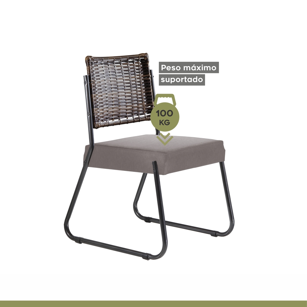 Conjunto Sala de Jantar Mesa Espanha 90cm com 4 Cadeiras em Aço e Junco Madri Mais Decor Linho Claro/Siena/Grafite/Junco Carvalho
