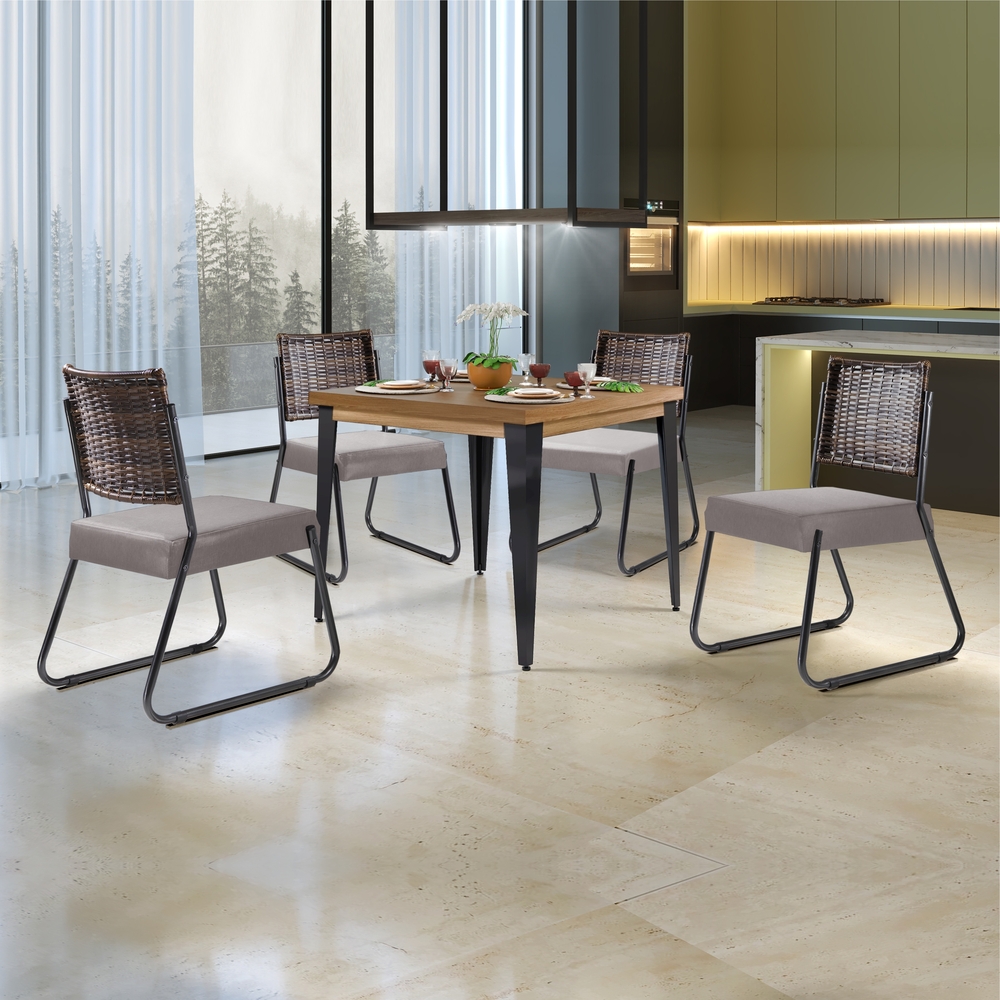 Conjunto Sala de Jantar Mesa Espanha 90cm com 4 Cadeiras em Aço e Junco Madri Mais Decor Linho Claro/Siena/Grafite/Junco Carvalho