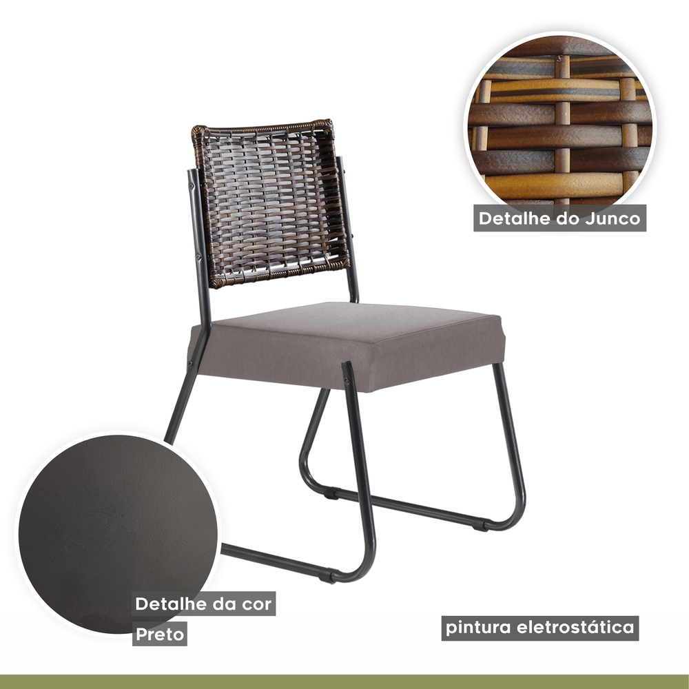 Conjunto Sala de Jantar Mesa Espanha 90cm com 4 Cadeiras em Aço e Junco Madri Mais Decor Linho Claro/Siena/Preto/Junco Carvalho