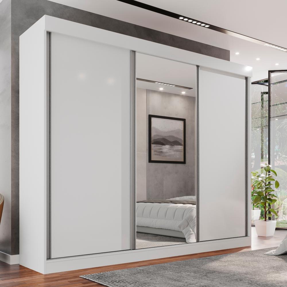 Guarda Roupa Casal 100% Mdf 3 Portas De Correr 6 Gavetas Com Espelho Central Fênix - Mais Móveis  Neve