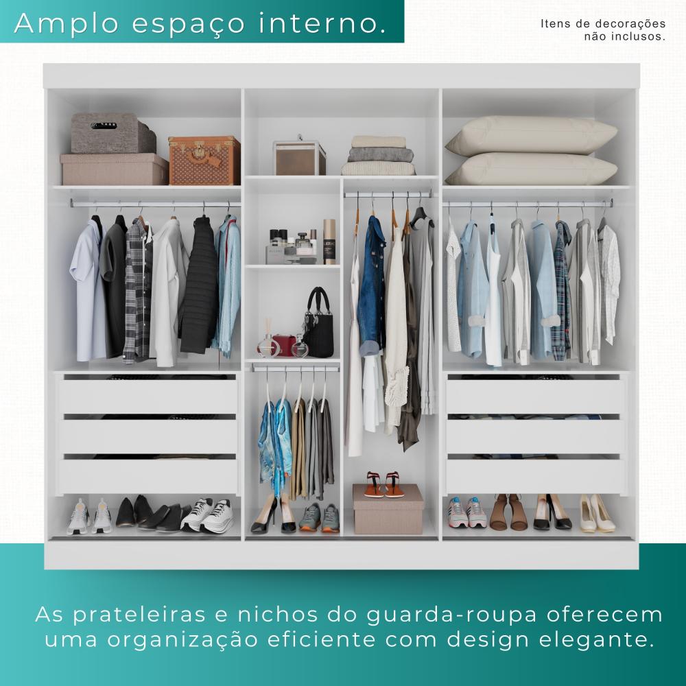 Guarda Roupa Casal 100% Mdf 3 Portas De Correr 6 Gavetas Com Espelho Central Fênix - Mais Móveis  Neve