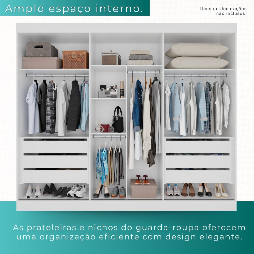 Guarda Roupa Casal 100% Mdf 3 Portas De Correr Com 3 Espelhos 6 Gavetas Fênix - Mais Móveis  Neve