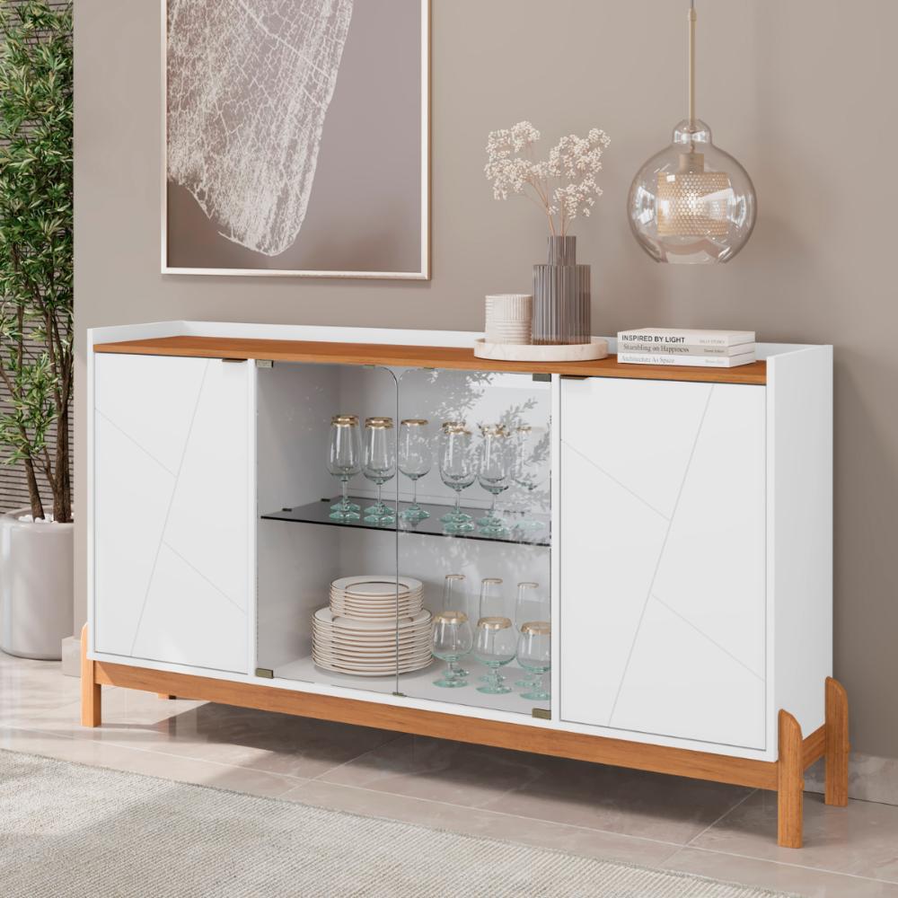 Aparador Buffet Com Vidro 2 Portas Roma Branco Cedro