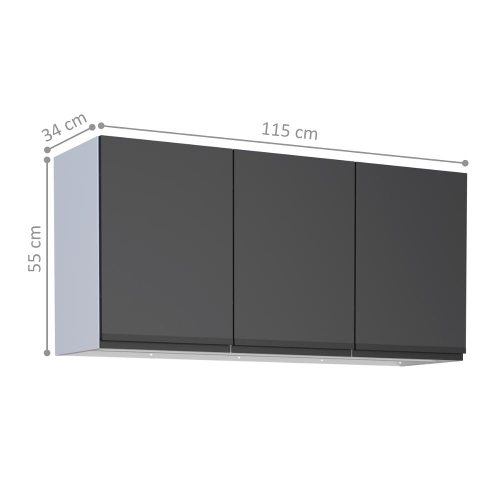 Armário Aéreo para Cozinha 3 Portas Anamã Preto