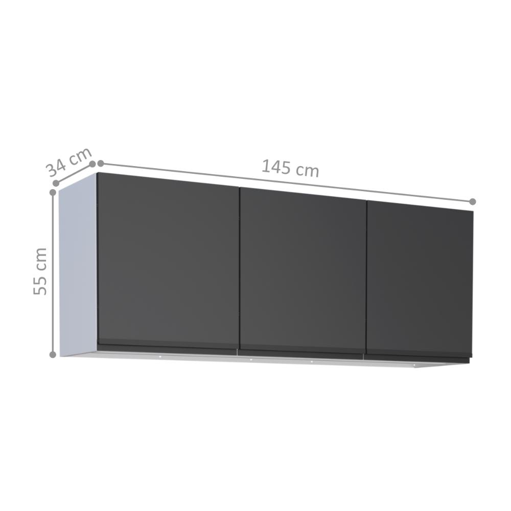 Armário Aéreo para Cozinha 3 Portas Anamã Preto Branco