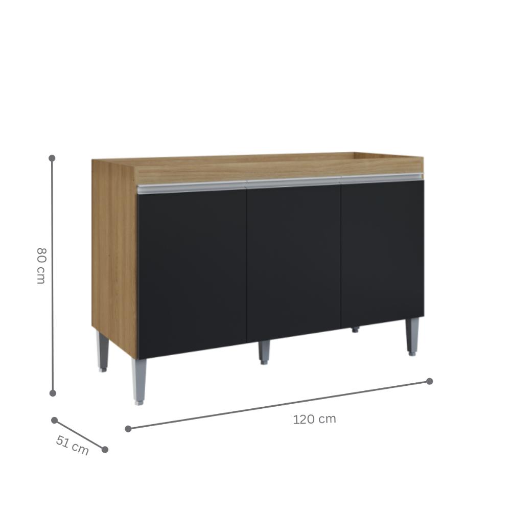 Balcão para Cozinha 3 Portas Leyton amendoa preto  