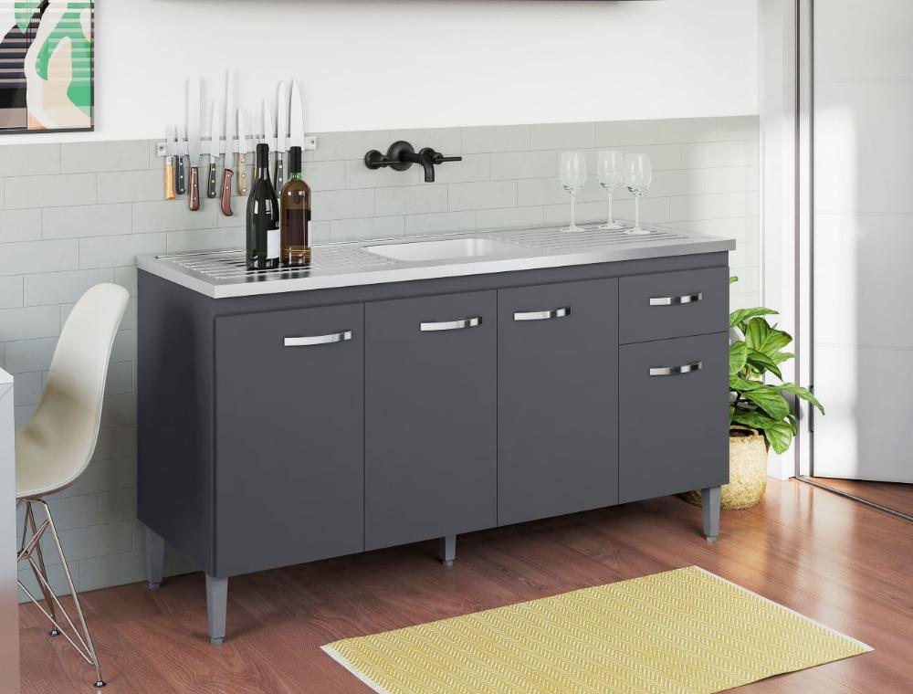 Balcão para Cozinha 4 Portas 1.5 Town Cinza Fosco
