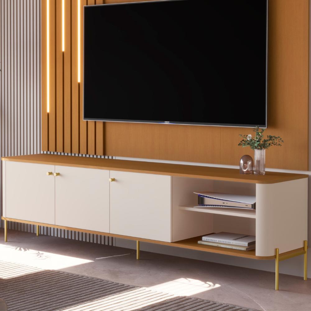 Bancada Para TV 70 Polegadas Boreal Off White Nature Dourado