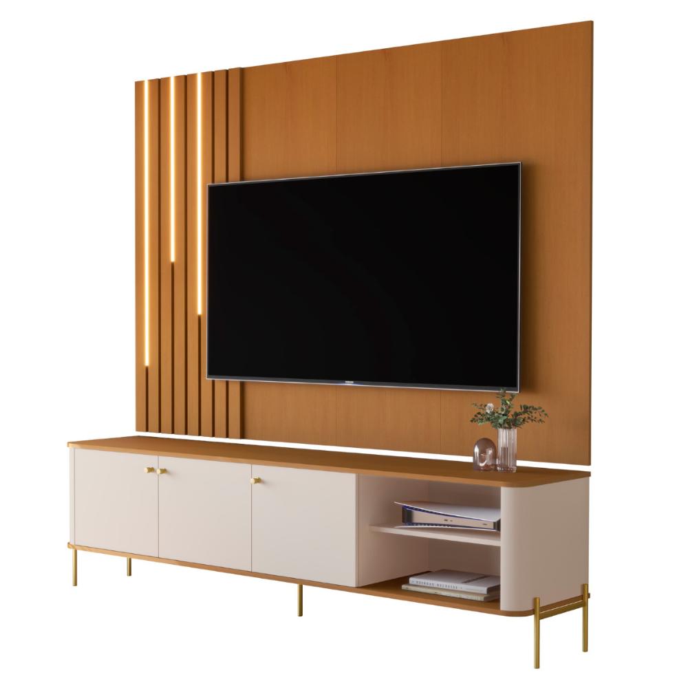 Bancada Para TV 70 Polegadas Boreal Off White Nature Dourado
