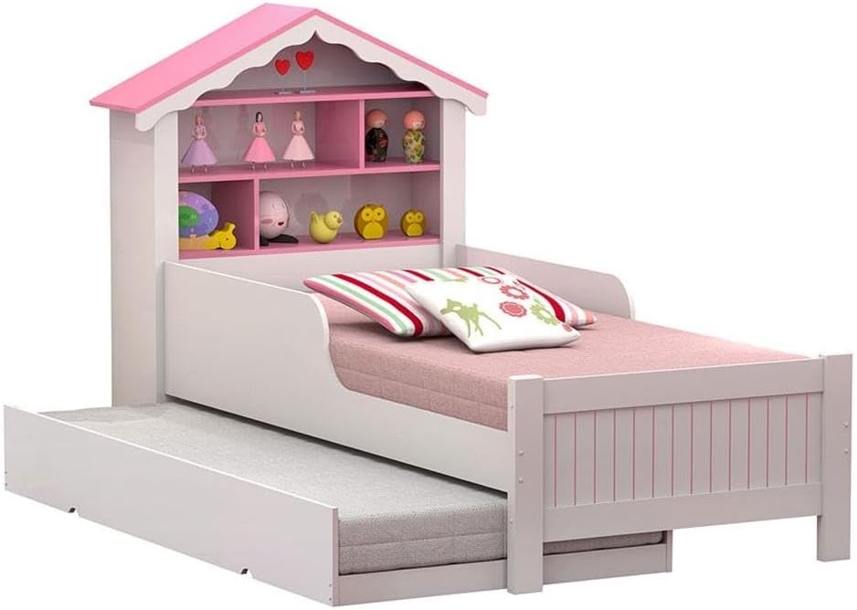 Bicama Infantil Solteiro Menina Casinha Branco Rosa