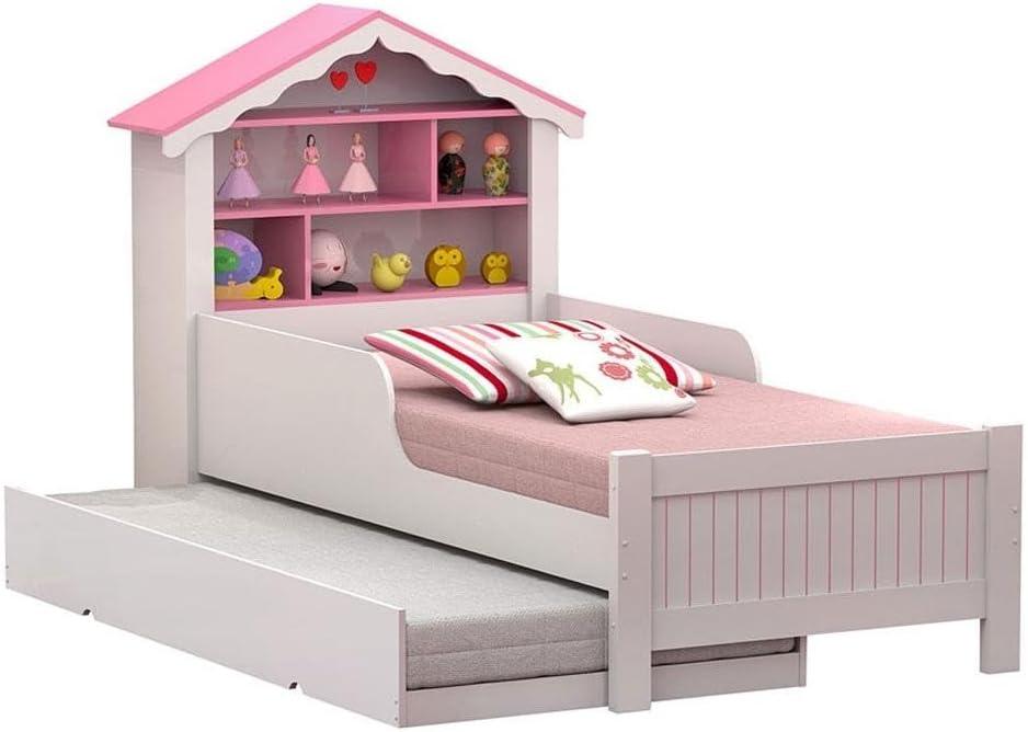 Bicama Solteiro Menina Casa de Princesa Infantil Branco Rosa