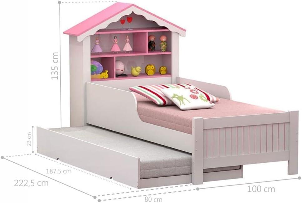Bicama Solteiro Menina Casa de Princesa Infantil Branco Rosa