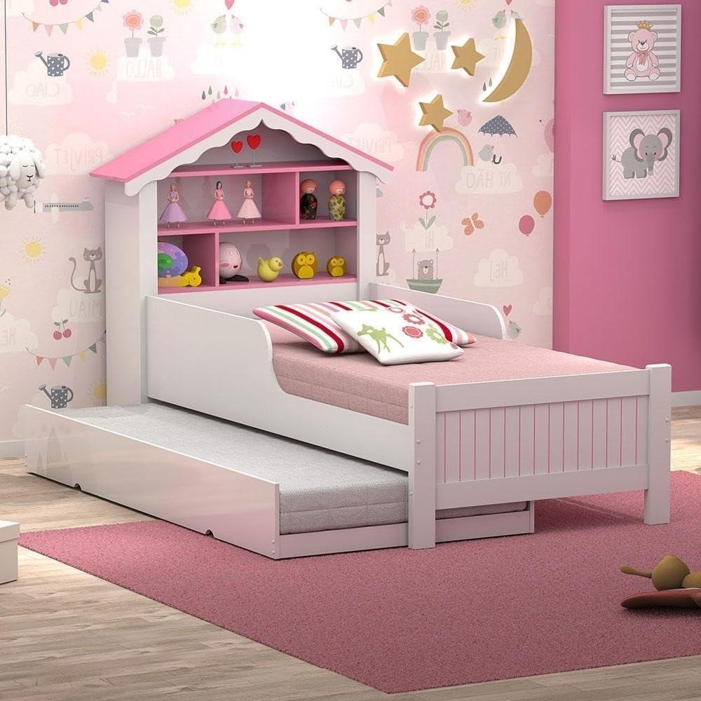 Bicama Solteiro Menina Casa de Princesa Infantil Branco Rosa