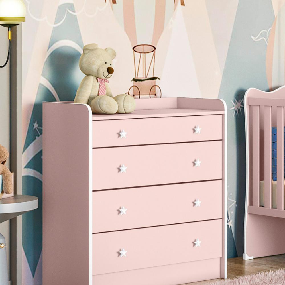 Cômoda Infantil com 4 Gavetas Verona Rosa Acetinado