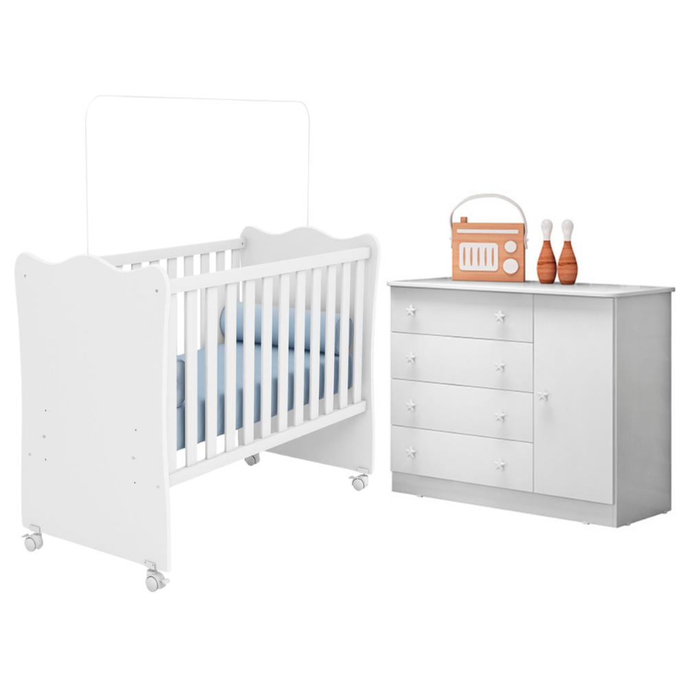 Cômoda e Berço com Rodizio Inglaterra Branco Branco