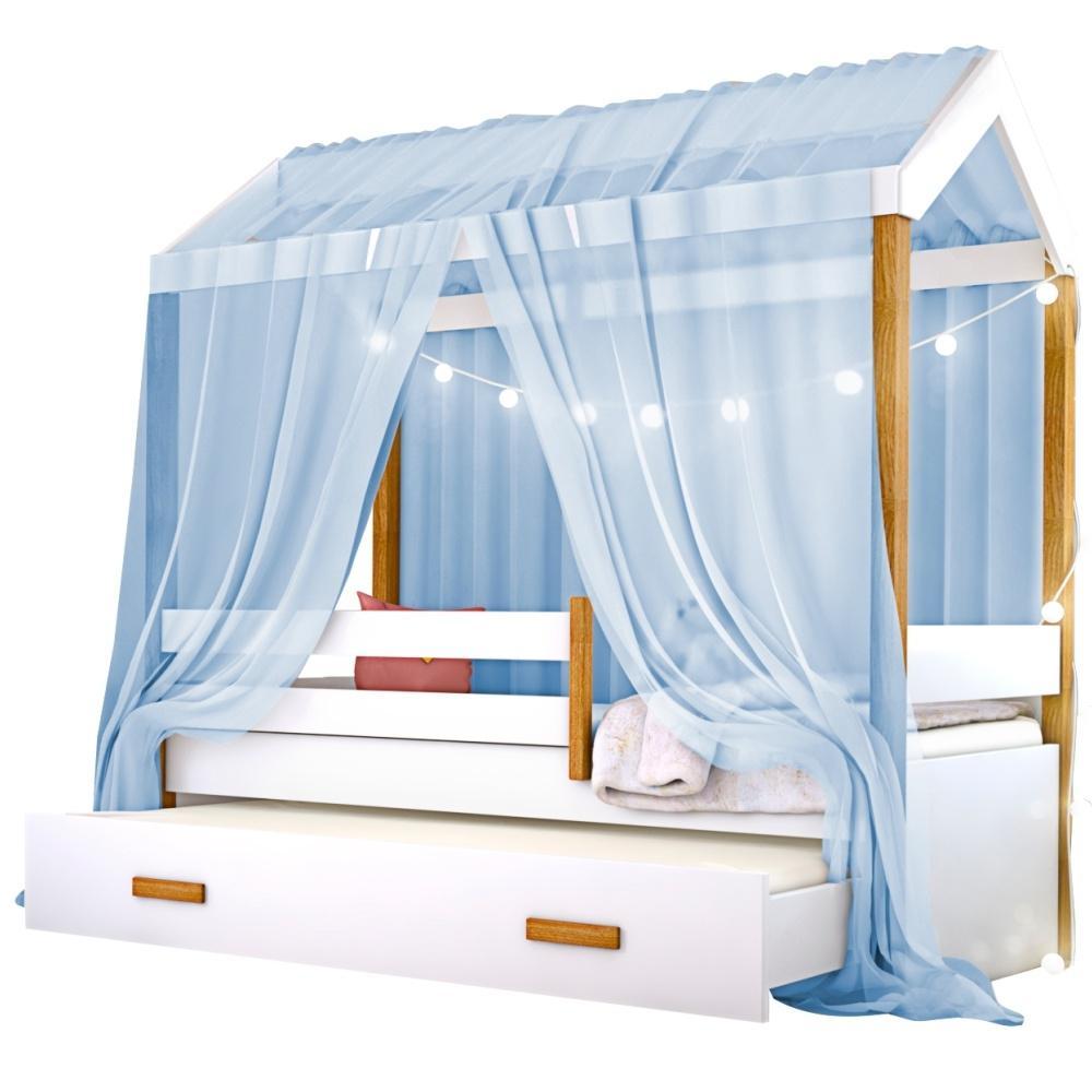 Cama Montessori Com Auxiliar Cordão Led E Dossel - Azul
