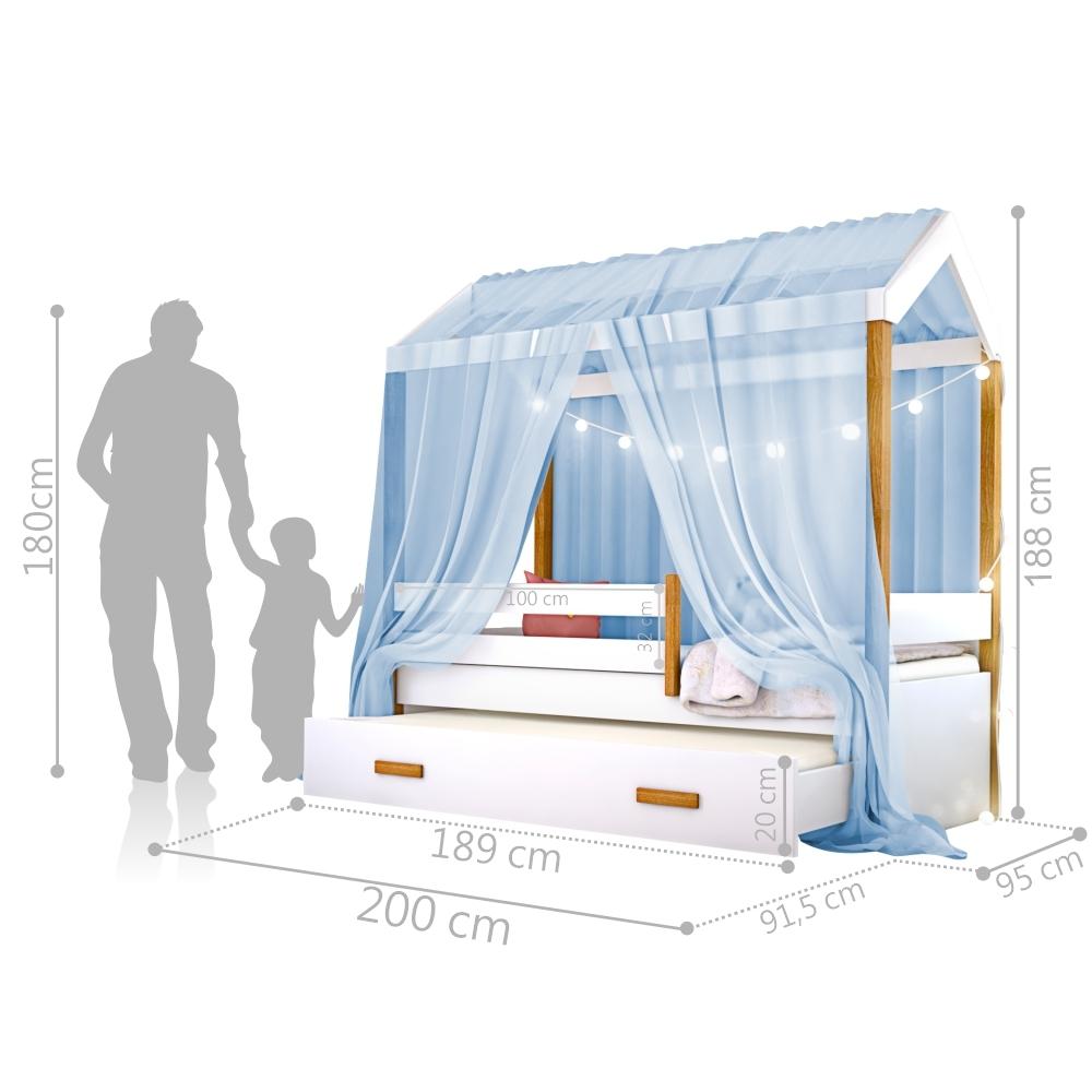 Cama Montessori Com Auxiliar Cordão Led E Dossel - Azul