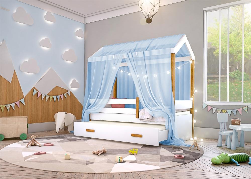 Cama Montessori Com Auxiliar Cordão Led E Dossel - Azul