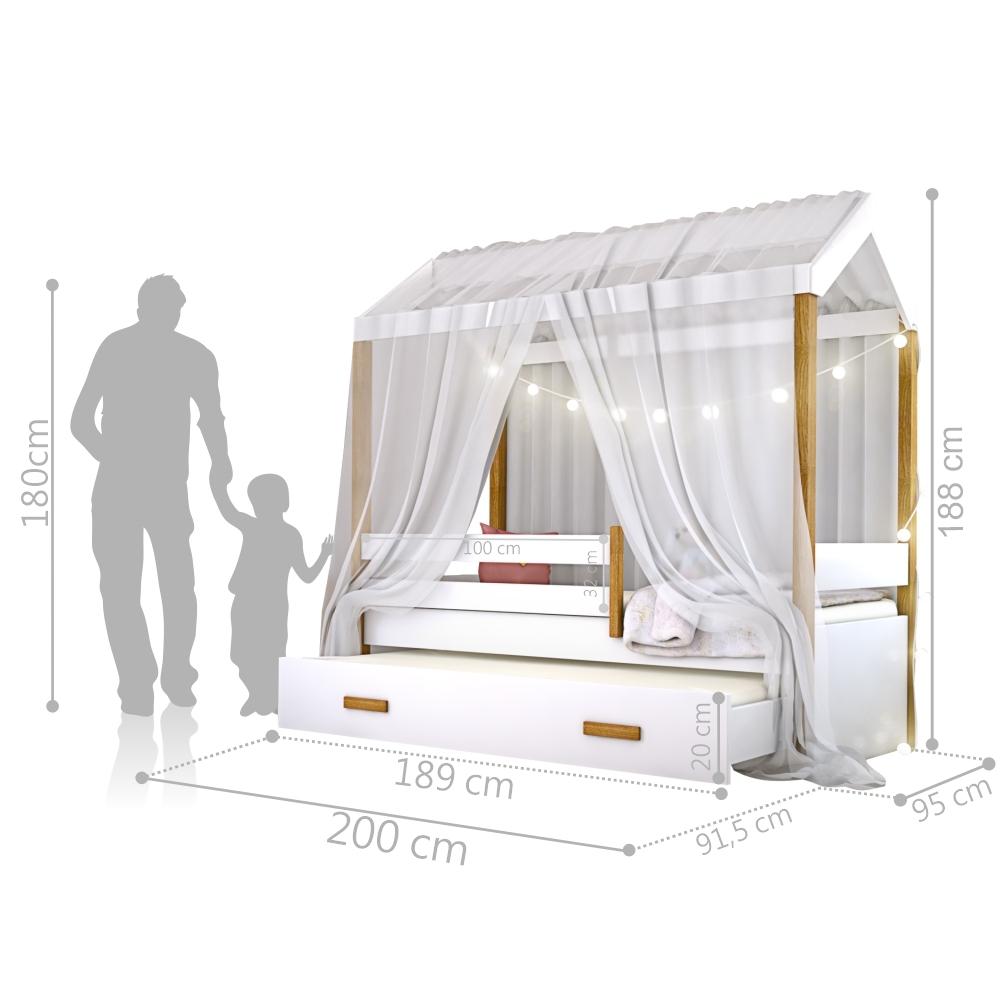Cama Montessori Com Auxiliar Cordão Led E Dossel - Branco