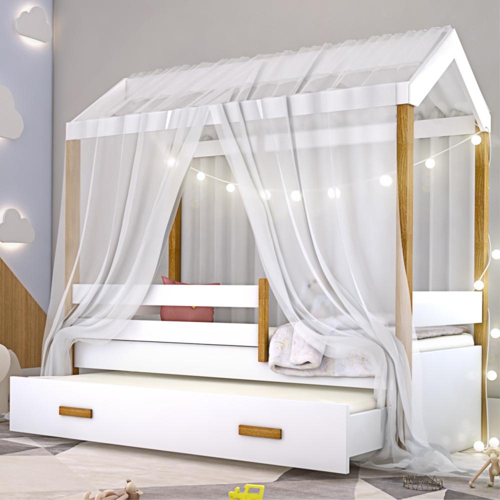 Cama Montessori Com Auxiliar Cordão Led E Dossel - Branco