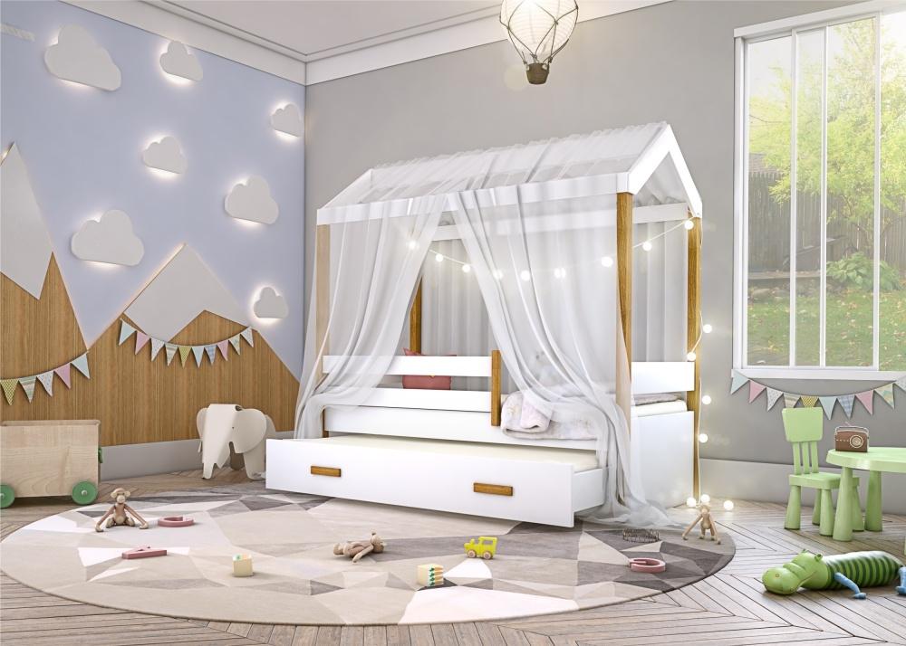 Cama Montessori Com Auxiliar Cordão Led E Dossel - Branco