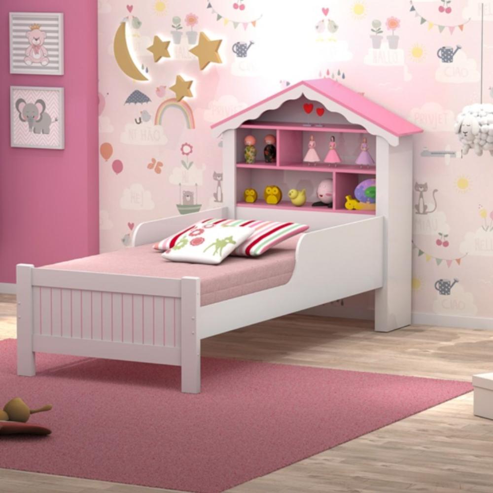 Cama de Solteiro Carvalho Branco/Rosa
