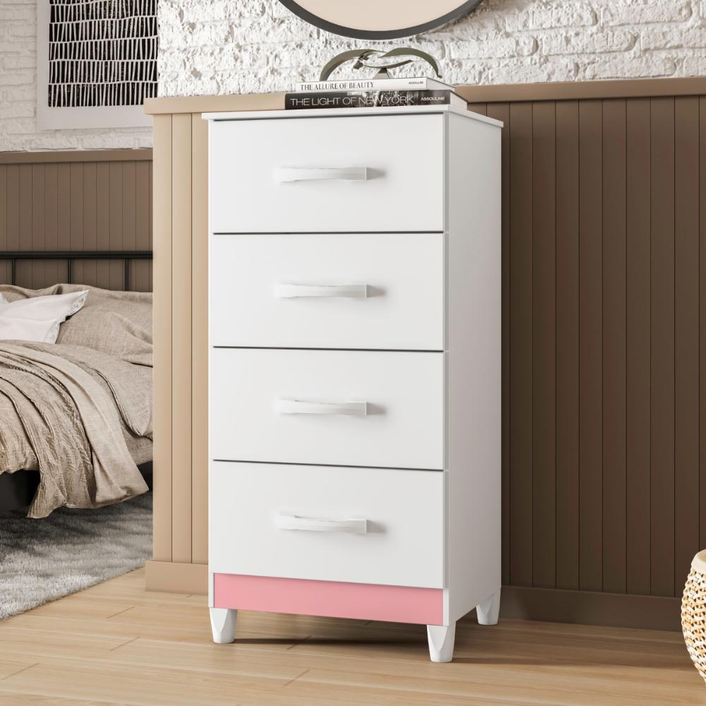 Comoda Siria 4 Gavetas Branco Rosa