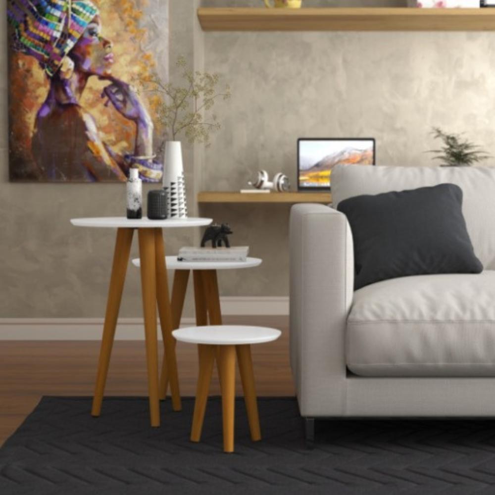 Conjunto 3 Mesas para Sala Redonda Nantes Branco